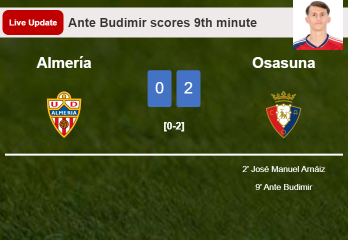 LIVE UPDATES. Osasuna extends the lead over Almería with a goal from Ante Budimir in the 9th minute and the result is 2-0