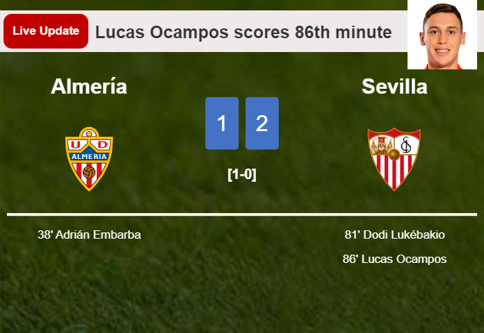 LIVE UPDATES. Sevilla takes the lead over Almería with a goal from Lucas Ocampos in the 86th minute and the result is 2-1