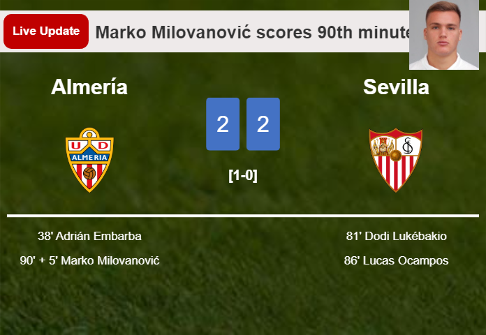 LIVE UPDATES. Almería draws Sevilla with a goal from Marko Milovanović in the 90th minute and the result is 2-2
