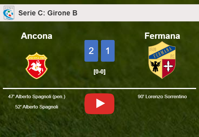 Ancona beats Fermana 2-1 with A. Spagnoli scoring 2 goals. HIGHLIGHTS