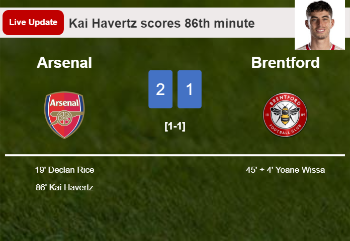 LIVE UPDATES. Arsenal takes the lead over Brentford with a goal from Kai Havertz in the 86th minute and the result is 2-1