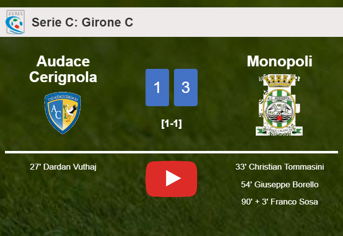 Monopoli defeats Audace Cerignola 3-1 after recovering from a 0-1 deficit. HIGHLIGHTS