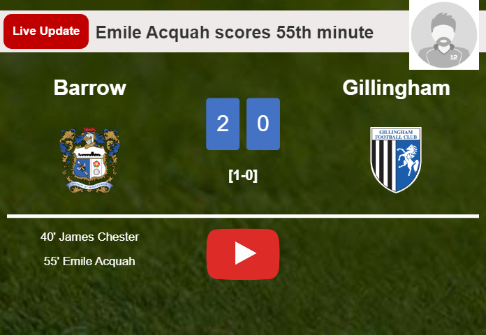 LIVE UPDATES. Barrow extends the lead over Gillingham with a goal from Emile Acquah in the 55th minute and the result is 2-0