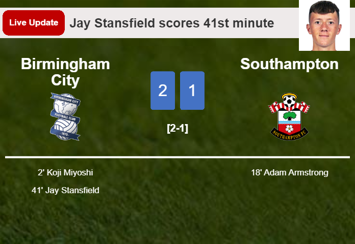 LIVE UPDATES. Birmingham City takes the lead over Southampton with a goal from Jay Stansfield in the 41st minute and the result is 2-1
