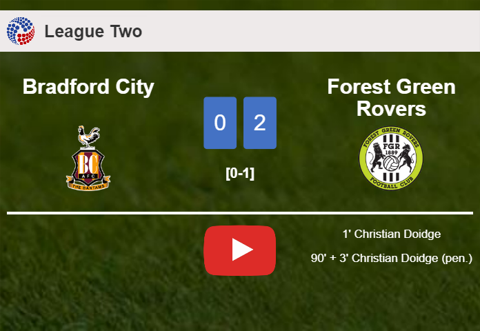 C. Doidge scores 2 goals to give a 2-0 win to Forest Green Rovers over Bradford City. HIGHLIGHTS