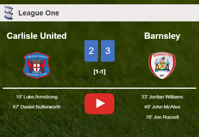 Barnsley conquers Carlisle United 3-2. HIGHLIGHTS
