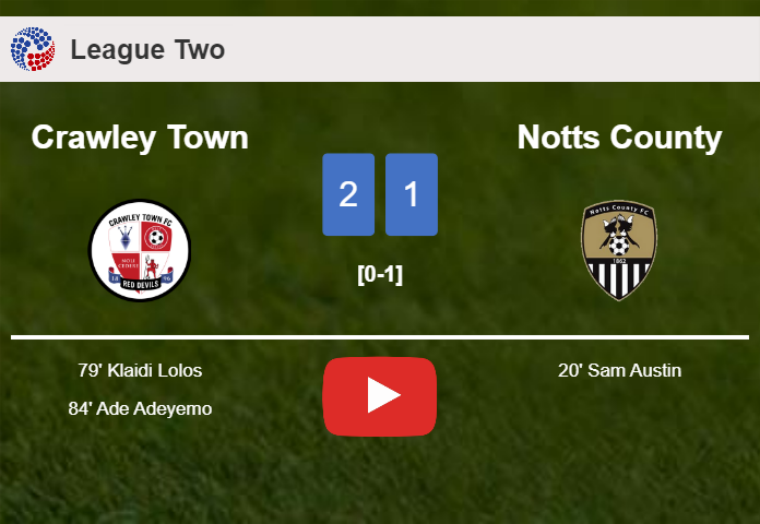 Crawley Town recovers a 0-1 deficit to overcome Notts County 2-1. HIGHLIGHTS