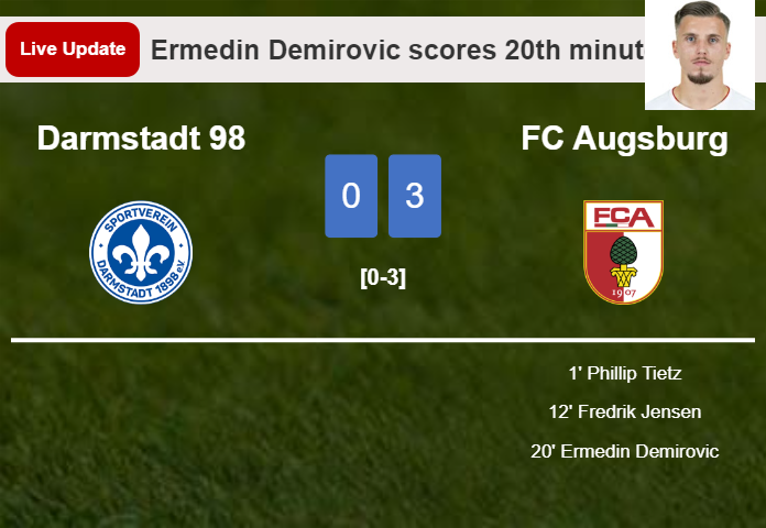 LIVE UPDATES. FC Augsburg extends the lead over Darmstadt 98 with a goal from Ermedin Demirovic in the 20th minute and the result is 3-0