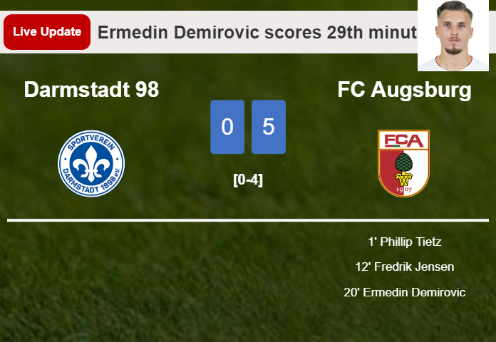 LIVE UPDATES. FC Augsburg extends the lead over Darmstadt 98 with a goal from Ermedin Demirovic in the 29th minute and the result is 5-0