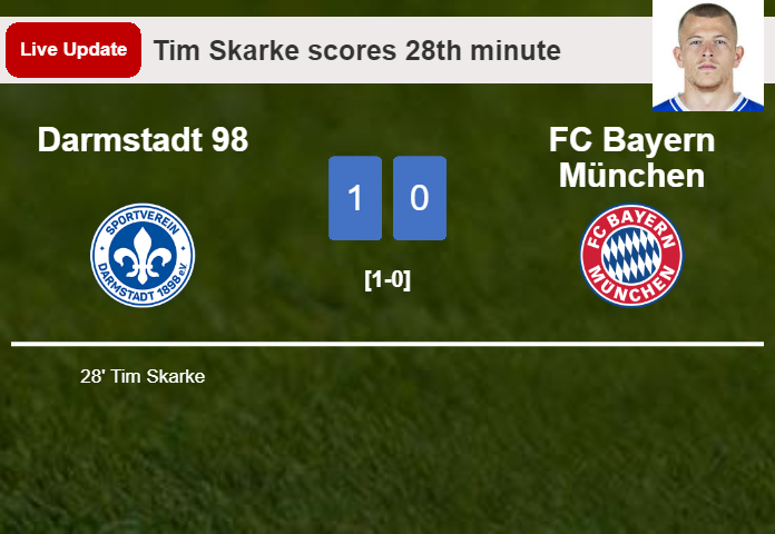 LIVE UPDATES. Darmstadt 98 leads FC Bayern München 1-0 after Tim Skarke scored in the 28th minute