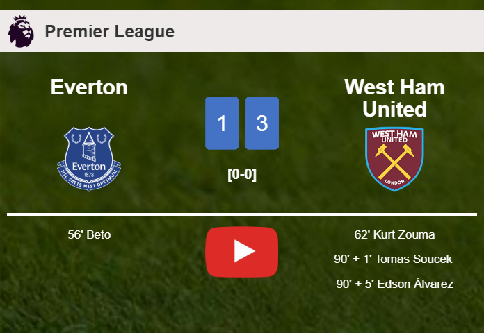 West Ham United tops Everton 3-1 after recovering from a 0-1 deficit. HIGHLIGHTS
