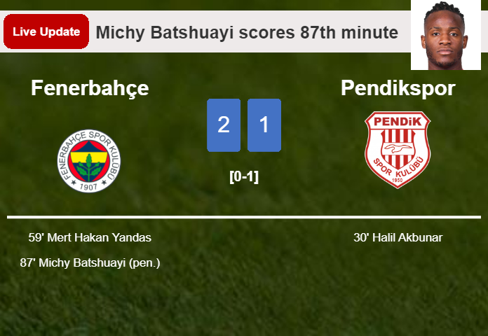 LIVE UPDATES. Fenerbahçe takes the lead over Pendikspor with a penalty from Michy Batshuayi in the 87th minute and the result is 2-1