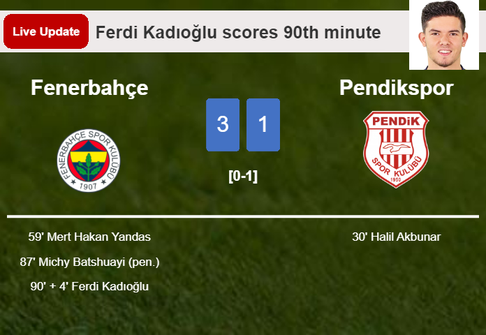LIVE UPDATES. Fenerbahçe extends the lead over Pendikspor with a goal from Ferdi Kadıoğlu in the 90th minute and the result is 3-1