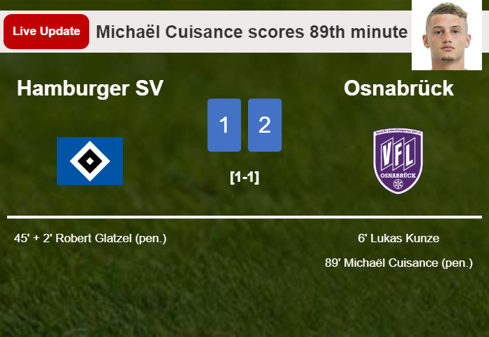 LIVE UPDATES. Osnabrück takes the lead over Hamburger SV with a penalty from Michaël Cuisance in the 89th minute and the result is 2-1