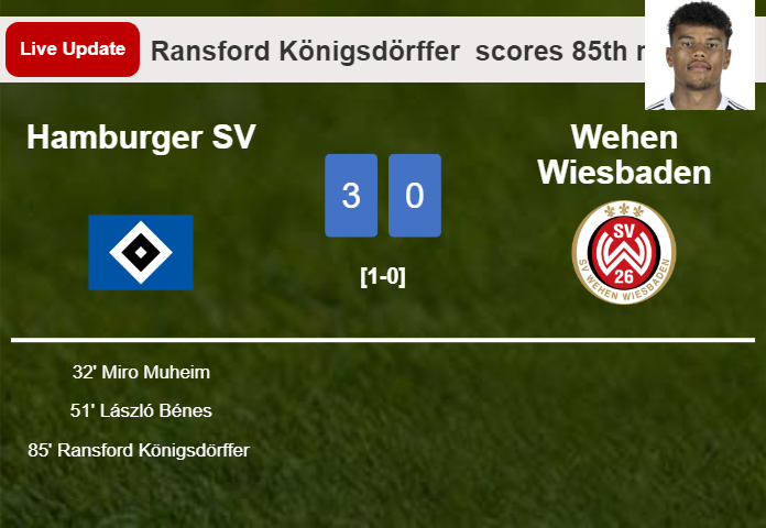 LIVE UPDATES. Hamburger SV scores again over Wehen Wiesbaden with a goal from Ransford Königsdörffer  in the 85th minute and the result is 3-0