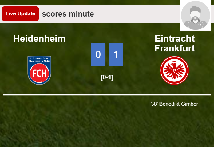 LIVE UPDATES. Eintracht Frankfurt leads Heidenheim 1-0 after Benedikt Gimber scored in the 38th minute