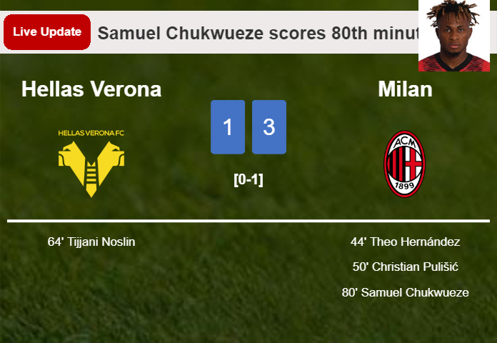 LIVE UPDATES. Milan extends the lead over Hellas Verona with a goal from Samuel Chukwueze in the 80th minute and the result is 3-1