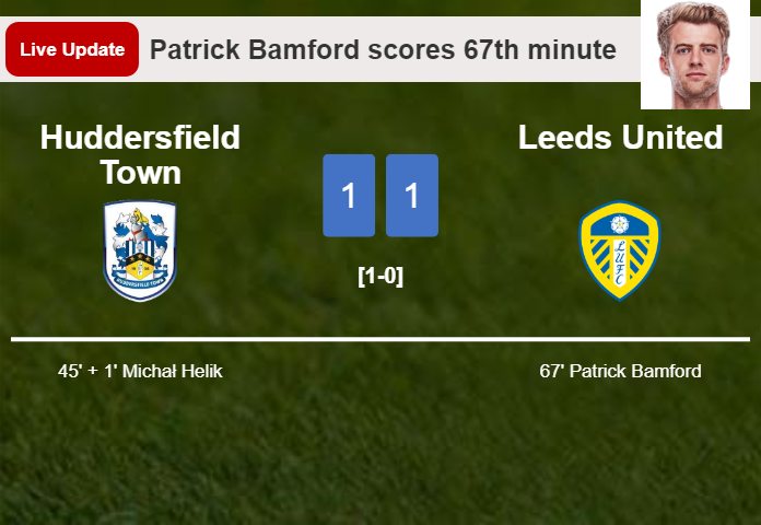 LIVE UPDATES. Leeds United draws Huddersfield Town with a goal from Patrick Bamford in the 67th minute and the result is 1-1