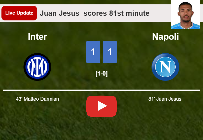LIVE UPDATES. Napoli draws Inter with a goal from Juan Jesus  in the 81st minute and the result is 1-1