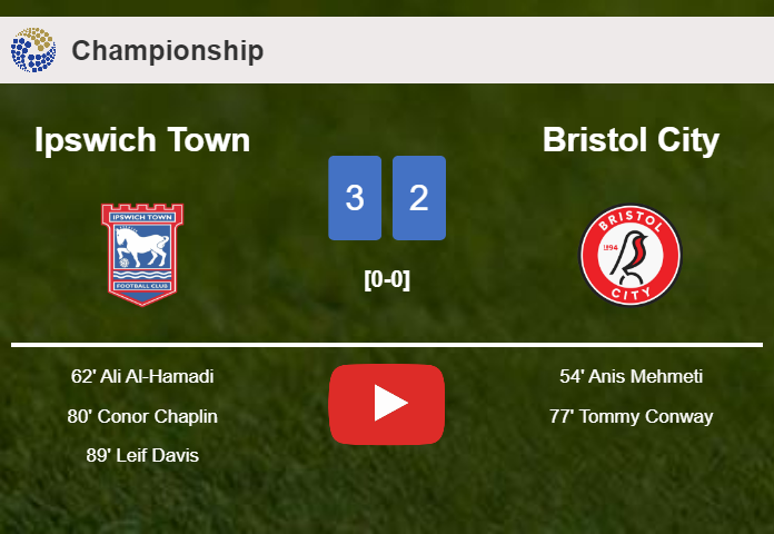 Ipswich Town overcomes Bristol City after recovering from a 1-2 deficit. HIGHLIGHTS