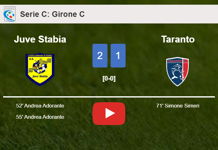 Juve Stabia prevails over Taranto 2-1 with A. Adorante scoring a double. HIGHLIGHTS