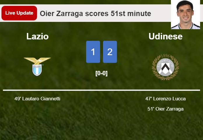 LIVE UPDATES. Udinese takes the lead over Lazio with a goal from Oier Zarraga in the 51st minute and the result is 2-1
