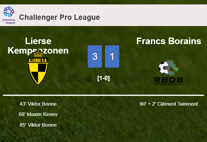 Lierse Kempenzonen tops Francs Borains 3-1 with 2 goals from V. Boone