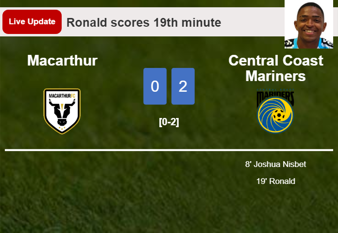 LIVE UPDATES. Central Coast Mariners scores again over Macarthur with a goal from Ronald in the 19th minute and the result is 2-0