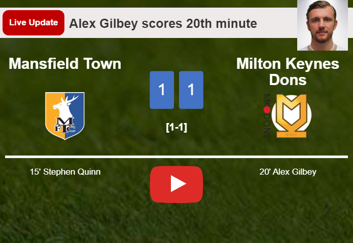 LIVE UPDATES. Milton Keynes Dons draws Mansfield Town with a goal from Alex Gilbey in the 20th minute and the result is 1-1