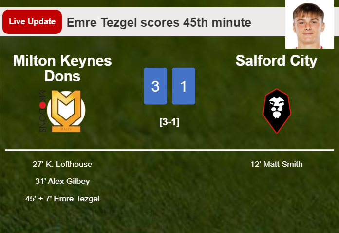 LIVE UPDATES. Milton Keynes Dons extends the lead over Salford City with a goal from Emre Tezgel in the 45th minute and the result is 3-1