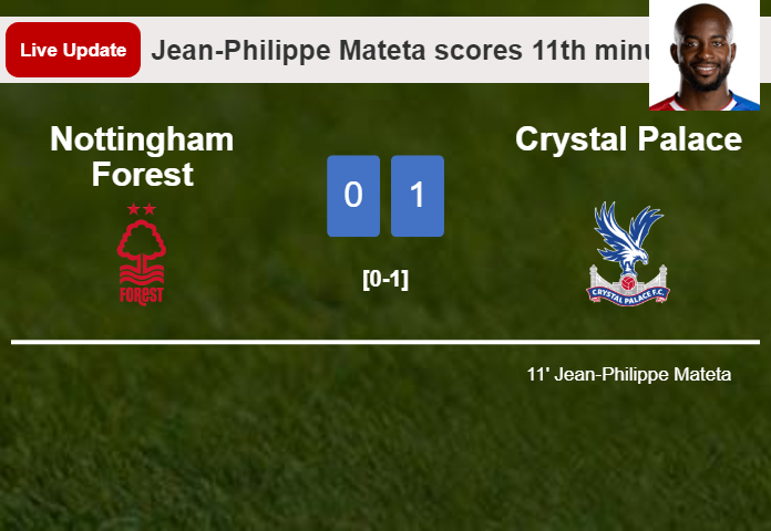 LIVE UPDATES. Crystal Palace leads Nottingham Forest 1-0 after Jean-Philippe Mateta scored in the 11th minute