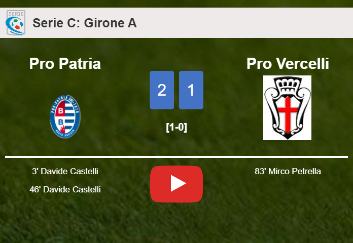 Pro Patria tops Pro Vercelli 2-1 with D. Castelli scoring 2 goals. HIGHLIGHTS