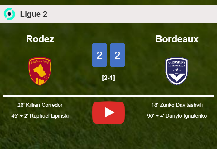 Rodez and Bordeaux draw 2-2 on Saturday. HIGHLIGHTS