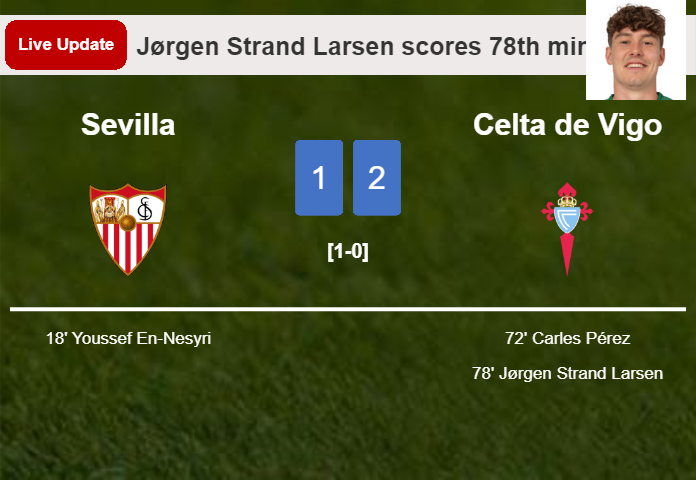 LIVE UPDATES. Celta de Vigo takes the lead over Sevilla with a goal from Jørgen Strand Larsen in the 78th minute and the result is 2-1