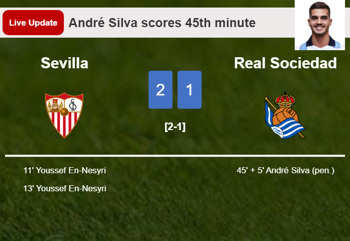 LIVE UPDATES. Real Sociedad getting closer to Sevilla with a penalty from André Silva in the 45th minute and the result is 1-2
