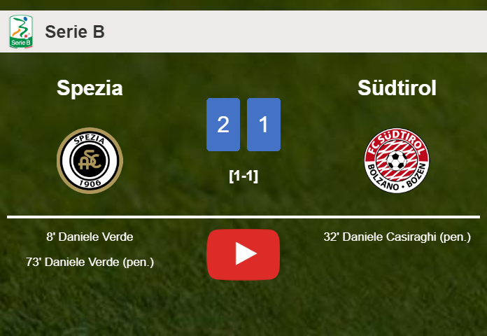 Spezia overcomes Südtirol 2-1 with D. Verde scoring a double. HIGHLIGHTS
