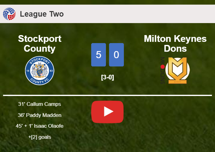 Stockport County demolishes Milton Keynes Dons 5-0 with a fantastic performance. HIGHLIGHTS