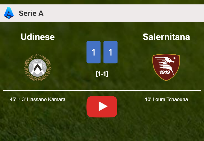 Udinese and Salernitana draw 1-1 on Saturday. HIGHLIGHTS