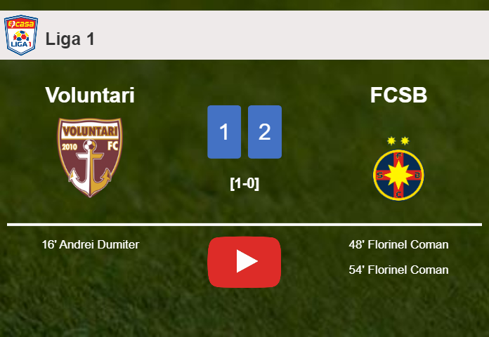 FCSB recovers a 0-1 deficit to overcome Voluntari 2-1 with F. Coman scoring a double. HIGHLIGHTS
