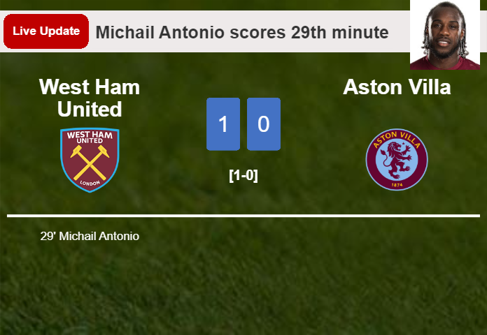 LIVE UPDATES. West Ham United leads Aston Villa 1-0 after Michail Antonio scored in the 29th minute