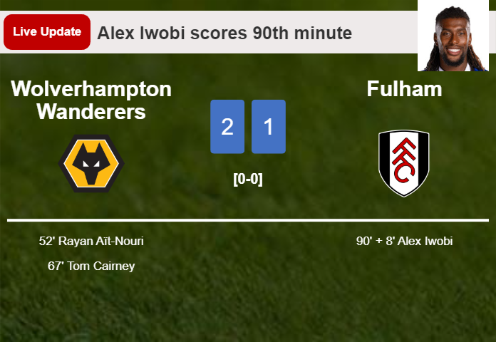 LIVE UPDATES. Fulham getting closer to Wolverhampton Wanderers with a goal from Alex Iwobi in the 90th minute and the result is 1-2