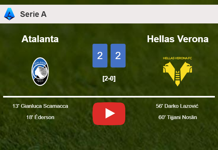 Hellas Verona manages to draw 2-2 with Atalanta after recovering a 0-2 deficit. HIGHLIGHTS