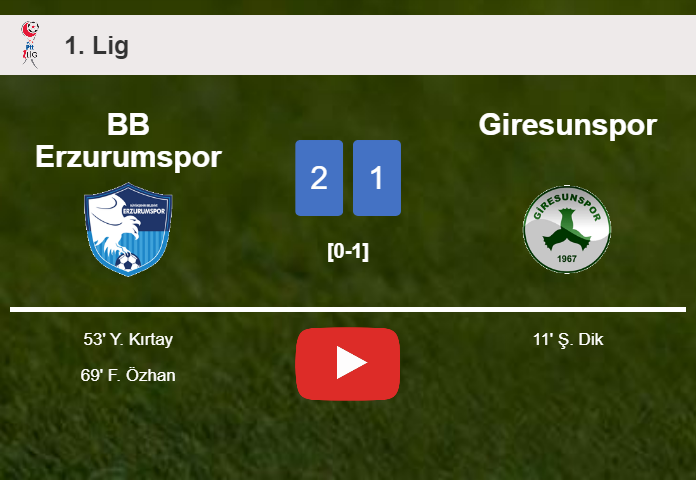 BB Erzurumspor recovers a 0-1 deficit to prevail over Giresunspor 2-1. HIGHLIGHTS