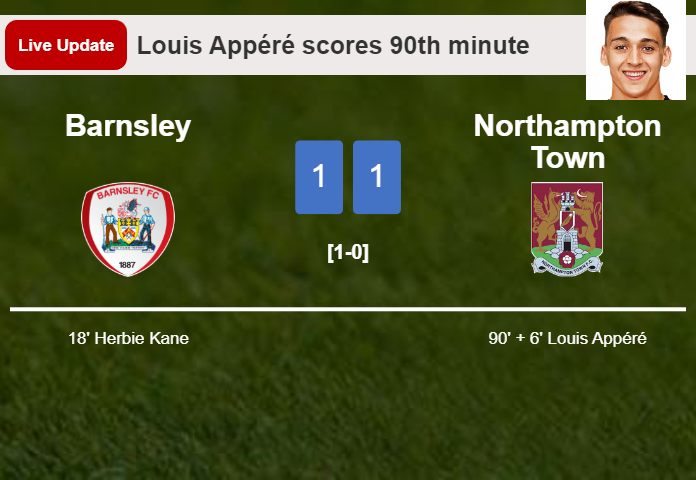 LIVE UPDATES. Northampton Town draws Barnsley with a goal from Louis Appéré in the 90th minute and the result is 1-1