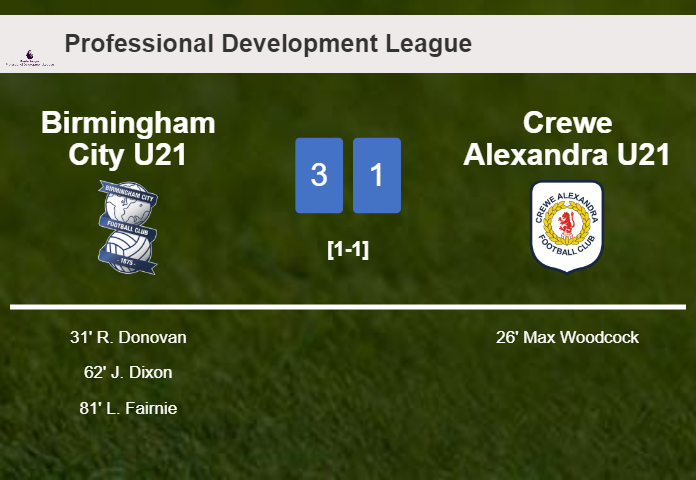 Birmingham City U21 tops Crewe Alexandra U21 3-1 after recovering from a 0-1 deficit