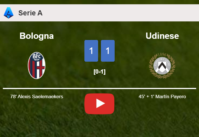 Bologna and Udinese draw 1-1 on Sunday. HIGHLIGHTS