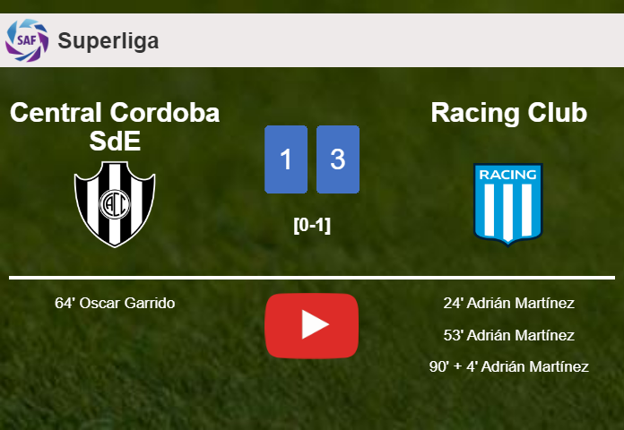 Racing Club beats Central Cordoba SdE 3-1 with 3 goals from A. Martínez. HIGHLIGHTS