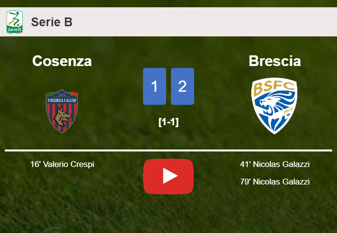 Brescia recovers a 0-1 deficit to prevail over Cosenza 2-1 with N. Galazzi scoring a double. HIGHLIGHTS