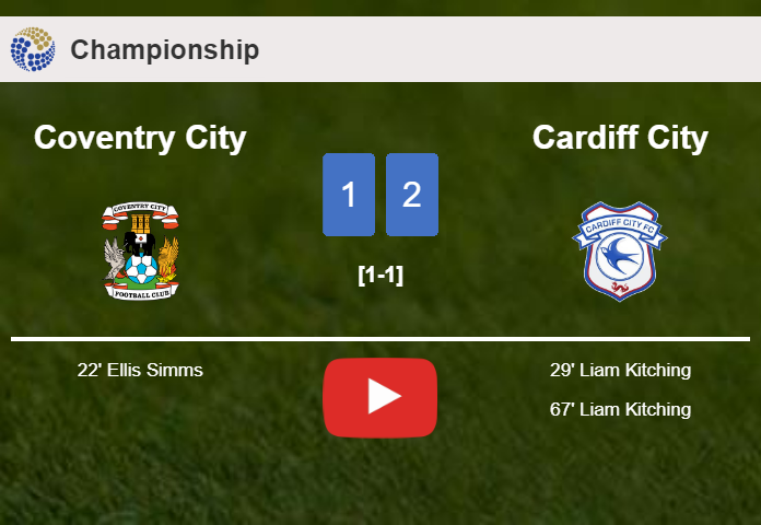 Cardiff City recovers a 0-1 deficit to best Coventry City 2-1 with L. Kitching scoring a double. HIGHLIGHTS