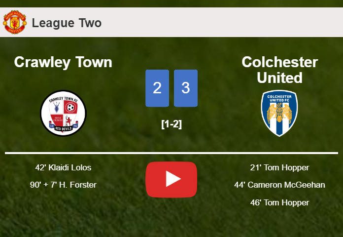 Colchester United beats Crawley Town 3-2 with 2 goals from T. Hopper. HIGHLIGHTS